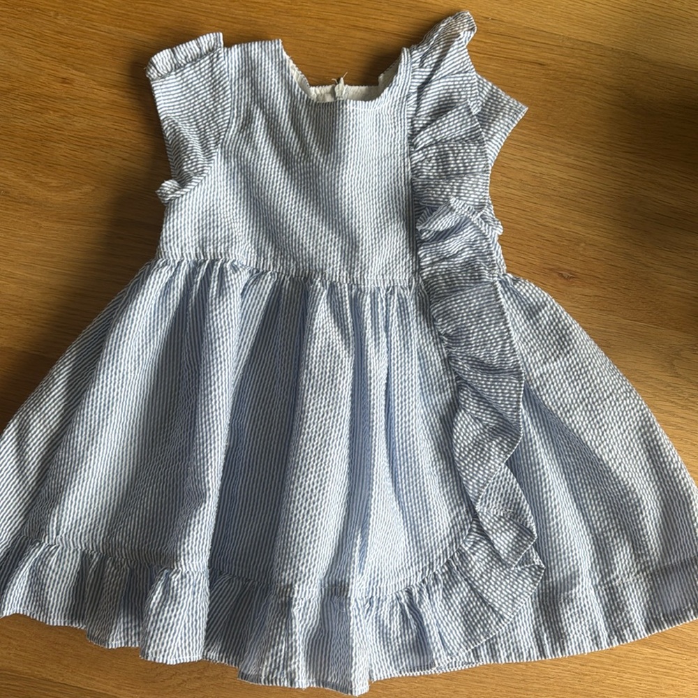 Pink Chicken Blue Striped Sear Sucker Ruffle Dress | Size 3Y